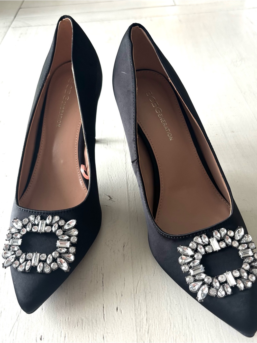 BCBGeneration Black Pointed-Toe Heels with Crystal Buckle